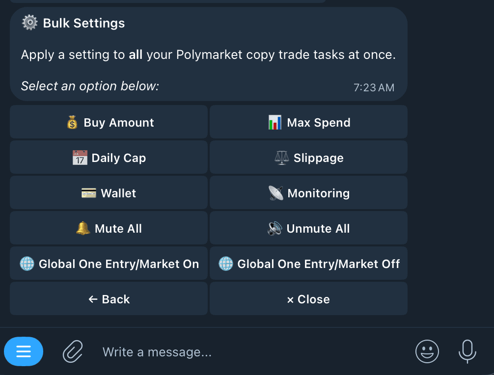 Kreo's Bulk Settings options screen