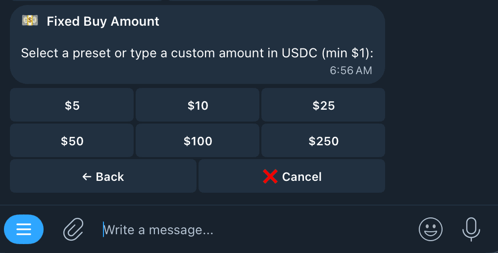 Setting the buy amount for a copy trade task in Kreo
