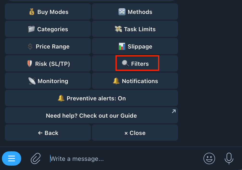 The Filters button inside a task's settings menu