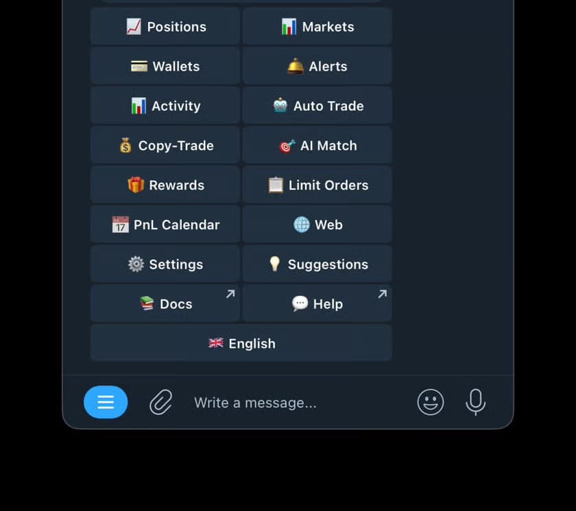 Kreo Telegram bot main menu with Positions, Markets, Copy-Trade, Auto Trade, Limit Orders and other options
