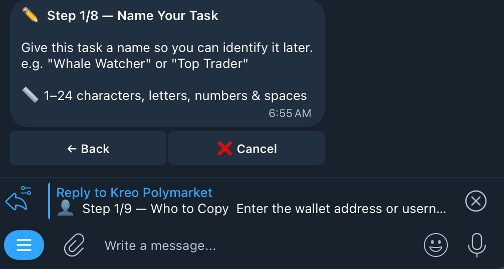 Naming a new copy trade task in Kreo