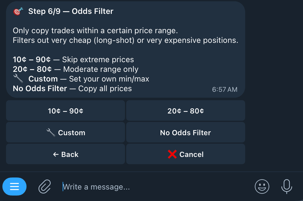 Setting an odds/price filter in Kreo