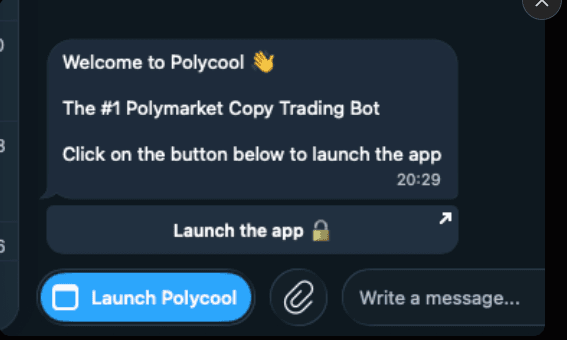 Polycool welcome message in Telegram with a Launch the app button for its mini app