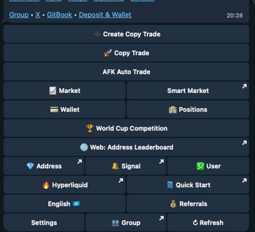 Polycop Telegram bot menu showing copy trading and wallet options