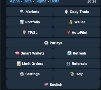 Polygun Telegram bot main menu with Markets, Copy Trade, Portfolio, Wallet, TP/SL and AutoPilot options