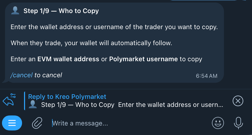 Entering a trader's wallet address in Kreo