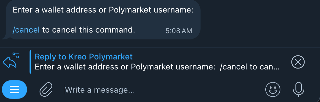 Kreo prompting for a wallet address or Polymarket username