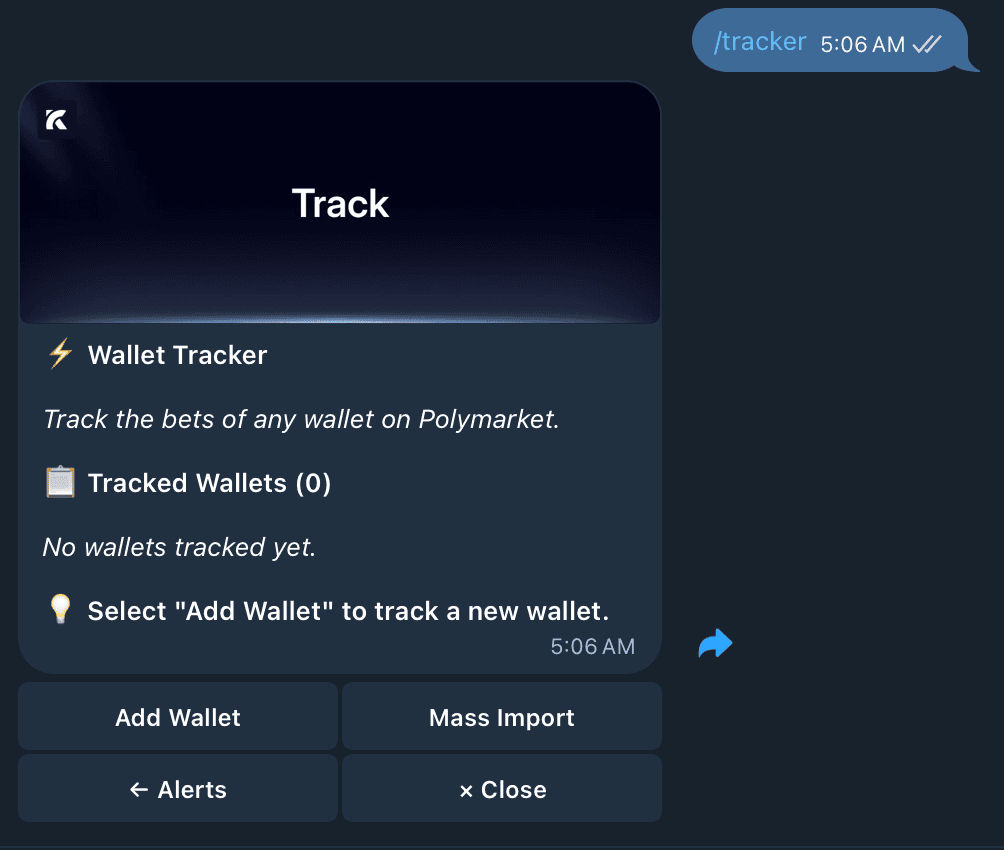 Kreo's Wallet Tracker menu showing zero tracked wallets